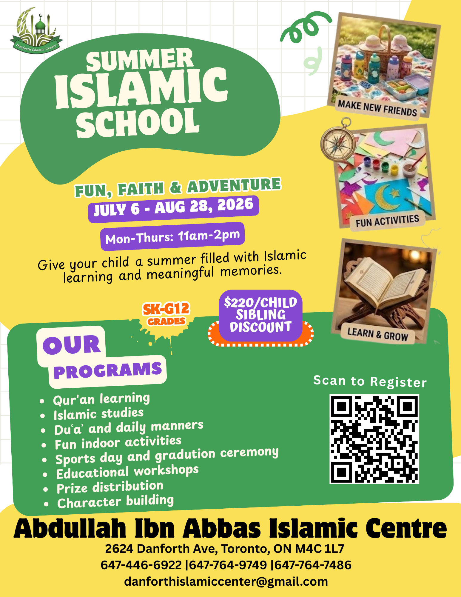 Summer Islamic School flyer — July 6 to August 28, 2026